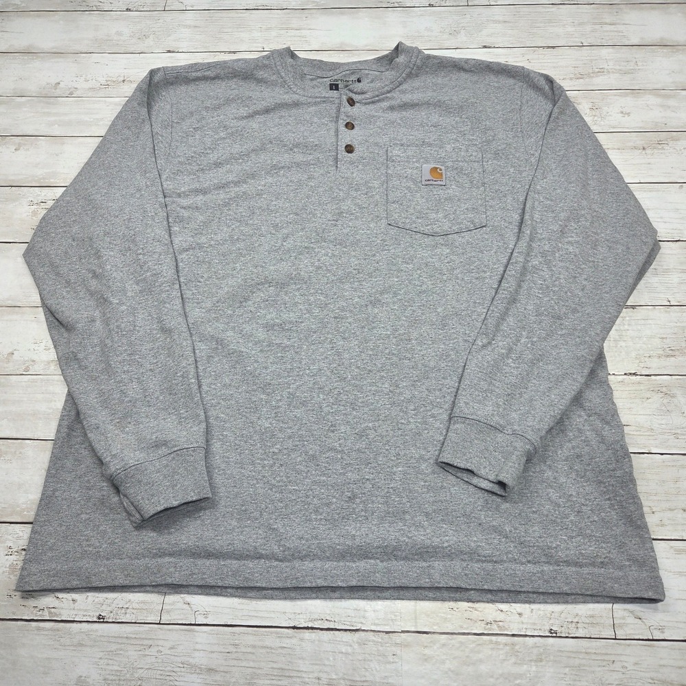 Carhartt K128 Henley Shirt Long Sleeve Mens Large Heather Gray Loose Fit Pocket